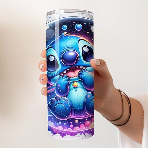 Stitch Space Tumbler 600ml – Met Deksel & Herbruikbaar Metalen Rietje – Galaxy D