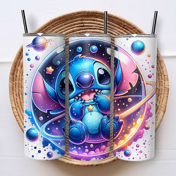 Stitch Space Tumbler 600ml – Met Deksel & Herbruikbaar Metalen Rietje – Galaxy D