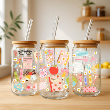 Back to School Glazen Beker 500 ml – met deksel & rietje