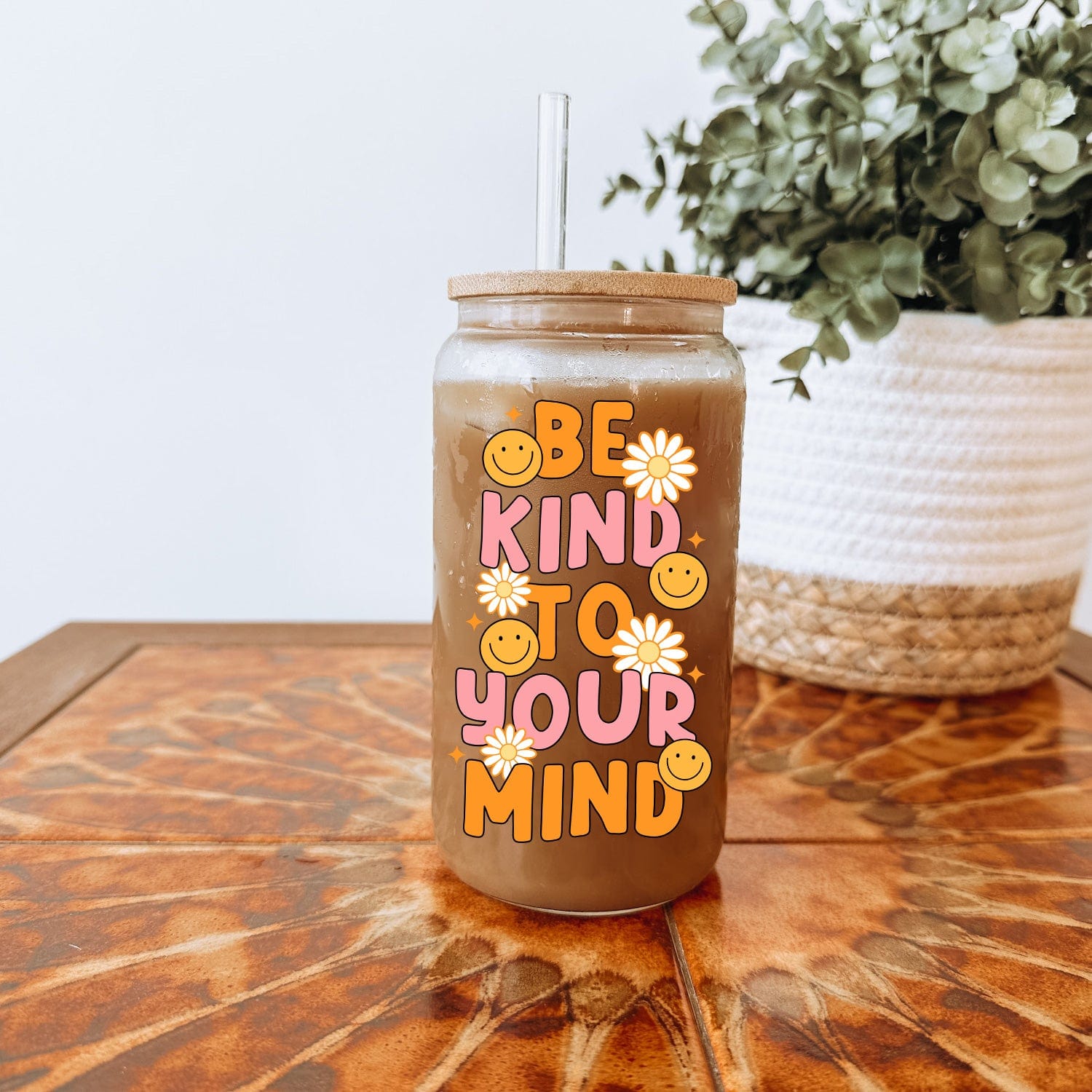 Be Kind to Your Mind Glazen Drinkbeker met Rietje en Deksel