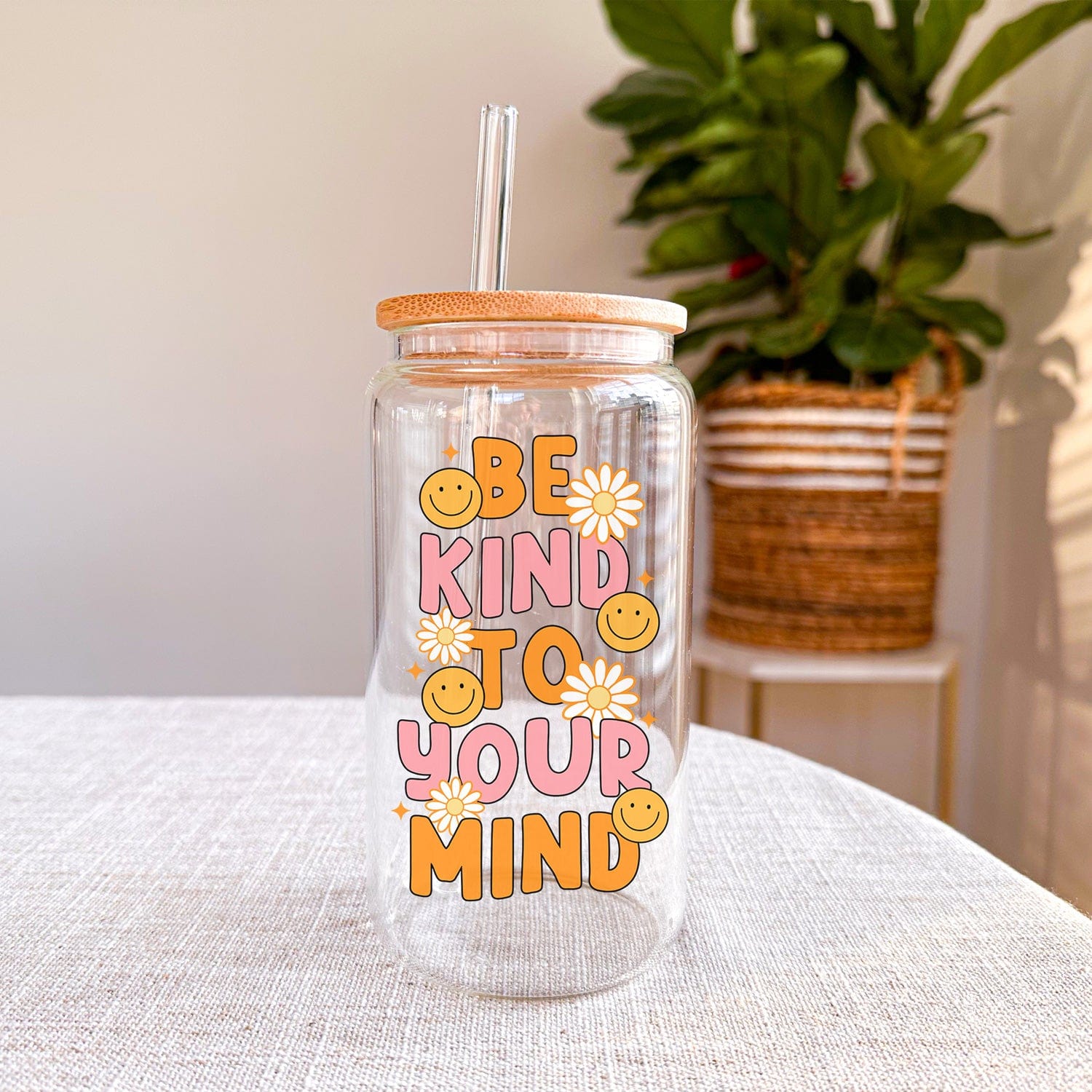 Be Kind to Your Mind Glazen Drinkbeker met Rietje en Deksel