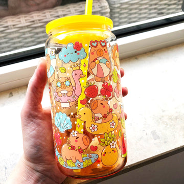 Capybara Libbey Glazen Drinkbeker 500ml met Deksel en Rietje
