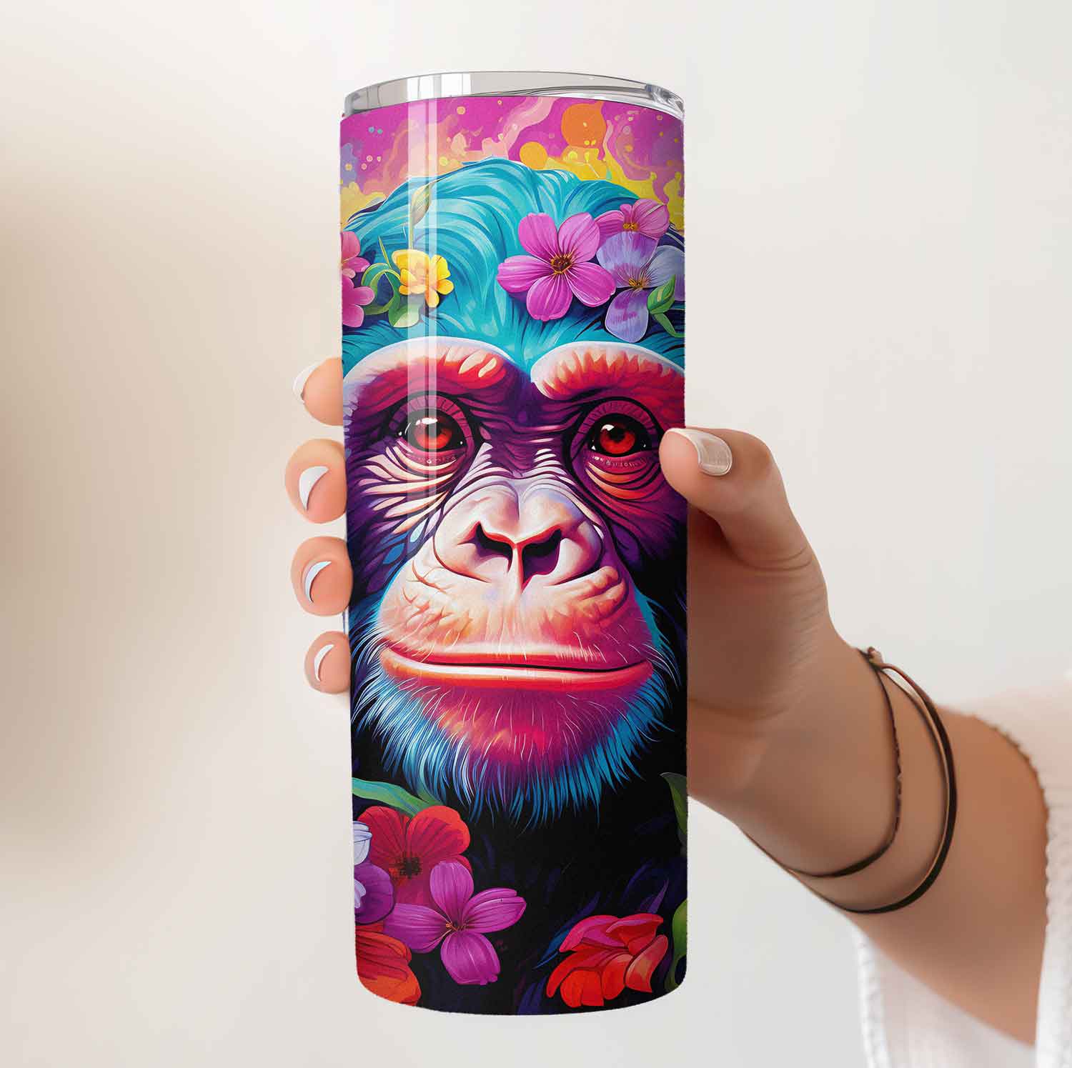 Chimpansee met felle kleuren tumbler - Breng kleur in je dag!