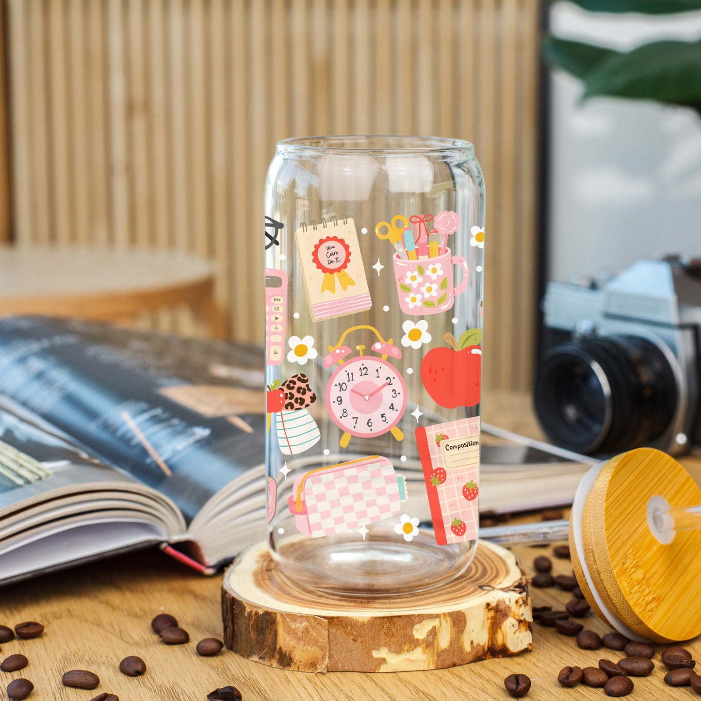 Creasowl Back to School Glazen Beker 500 ml – met deksel & rietje