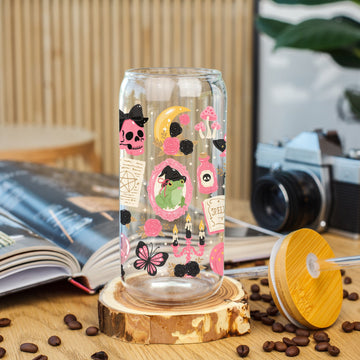 Creasowl Coquette Witch Glass Glazen Beker 500 ml met Deksel & Rietje