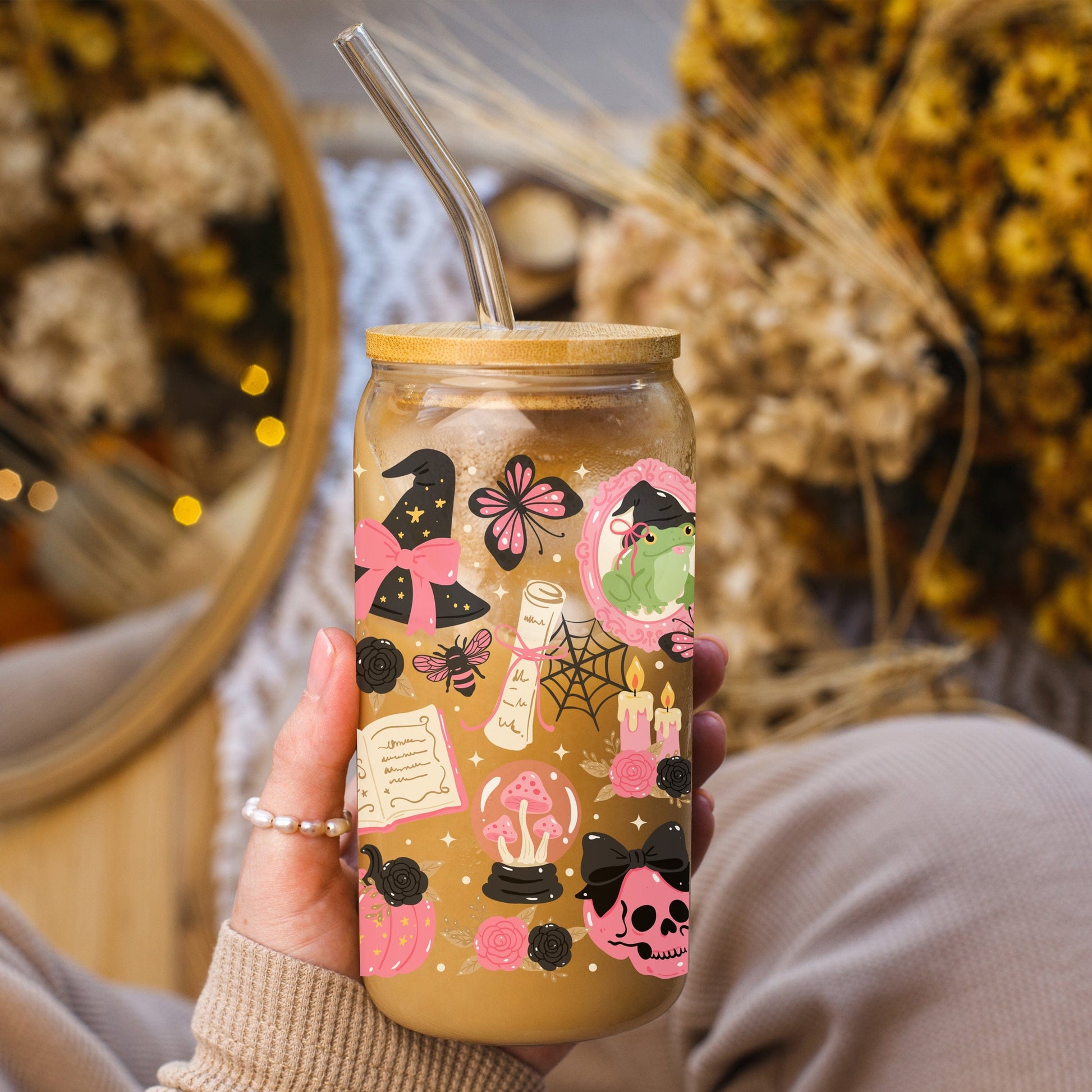 Creasowl Coquette Witch Glass Glazen Beker 500 ml met Deksel & Rietje