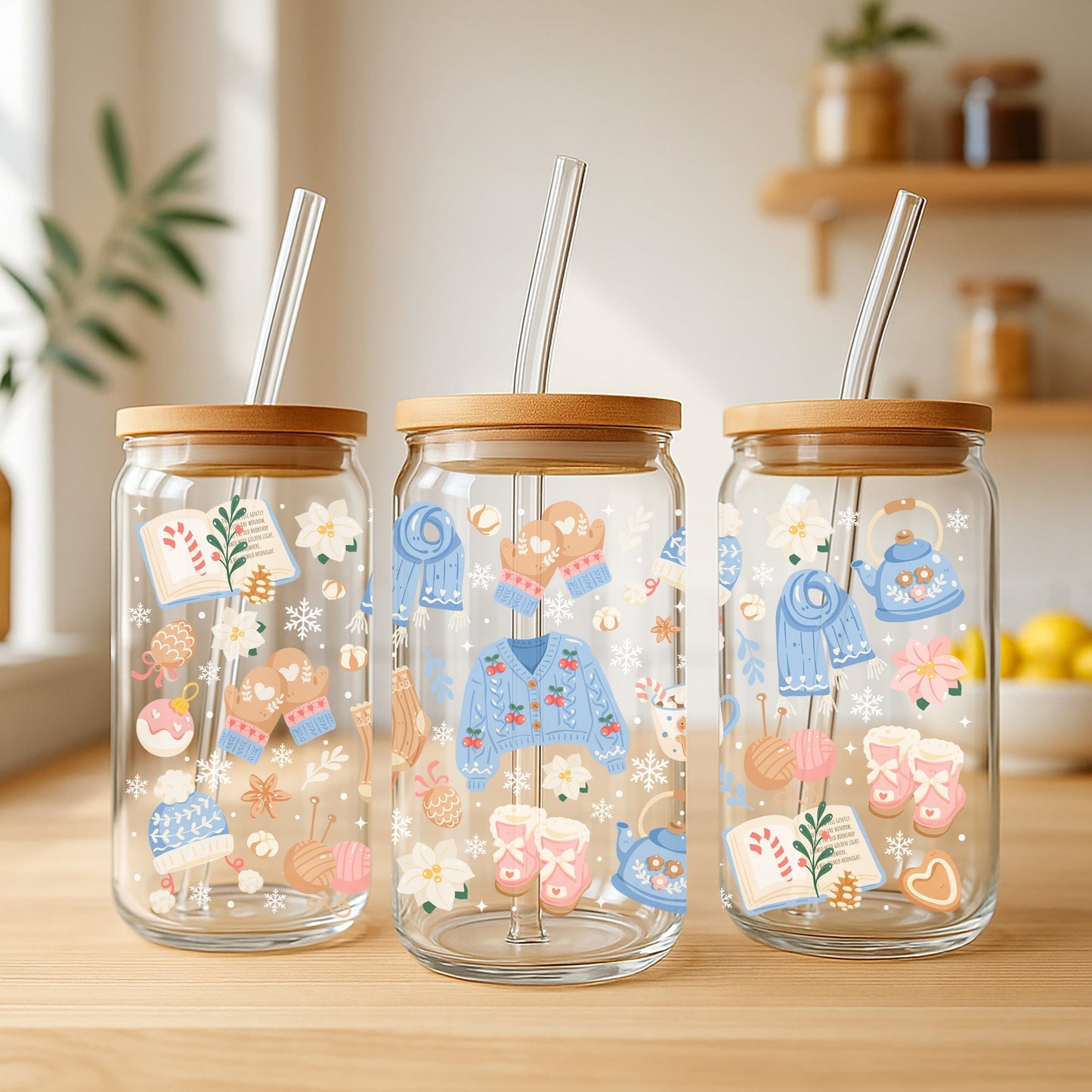 Creasowl Cozy Christmas Sweater Glazen Koffiebeker met Deksel en Glazen Rietje – 500ml