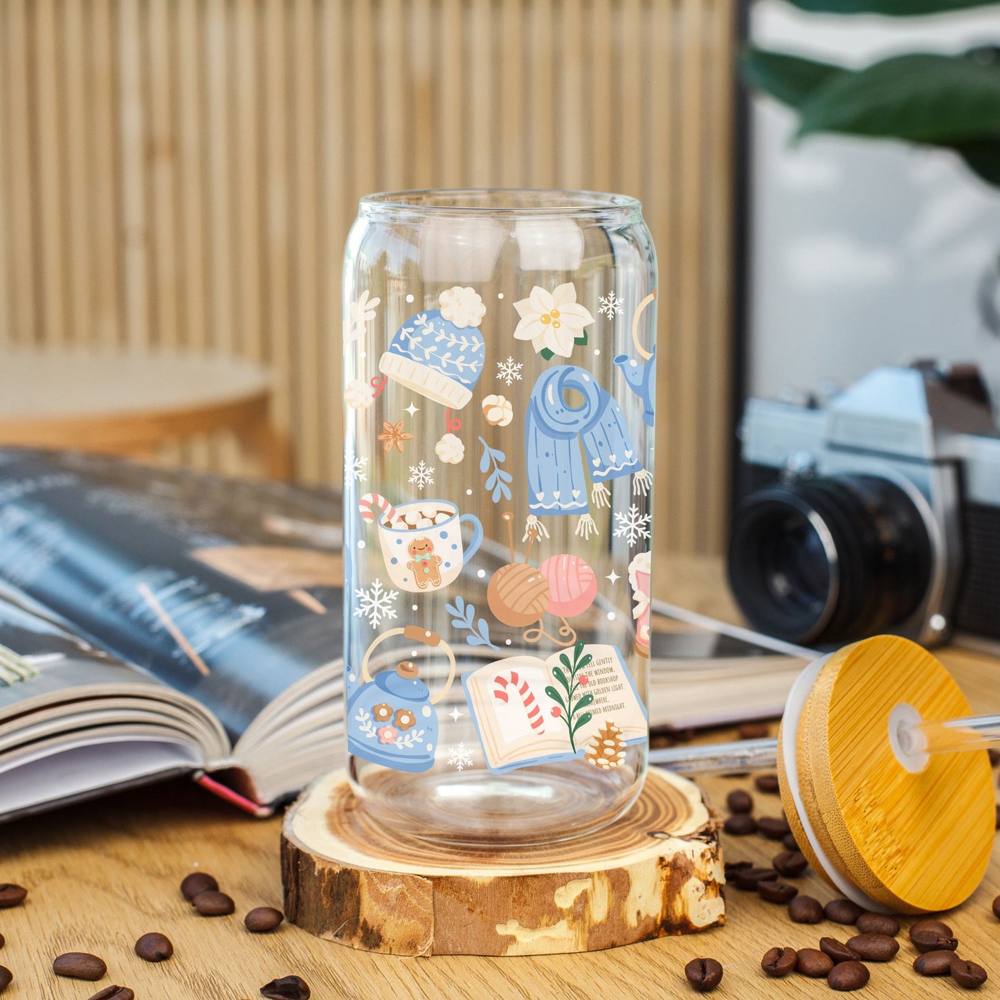 Creasowl Cozy Christmas Sweater Glazen Koffiebeker met Deksel en Glazen Rietje – 500ml