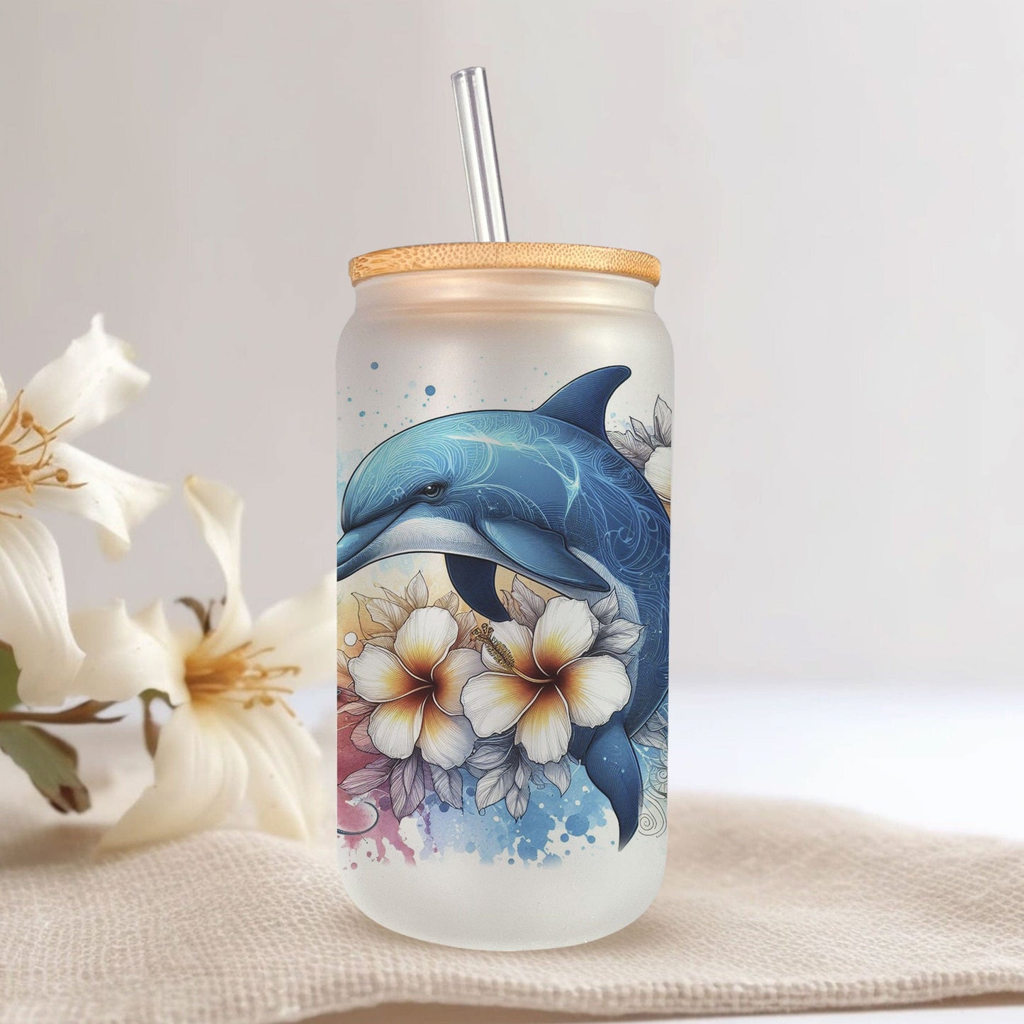 Creasowl Dolfijn Glazen Drinkbeker – 500ml – Met Deksel & Glazen Rietje – Koffiebeker, Smoothiebeker, IJskoffie Glas – Herbruikbare Drinkmok