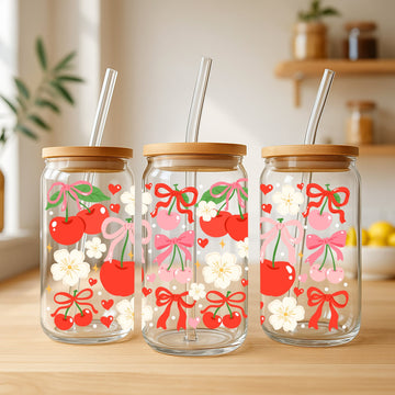 Creasowl Drinkware Coquette Cherries Glazen Beker 500 ml – met deksel & rietje