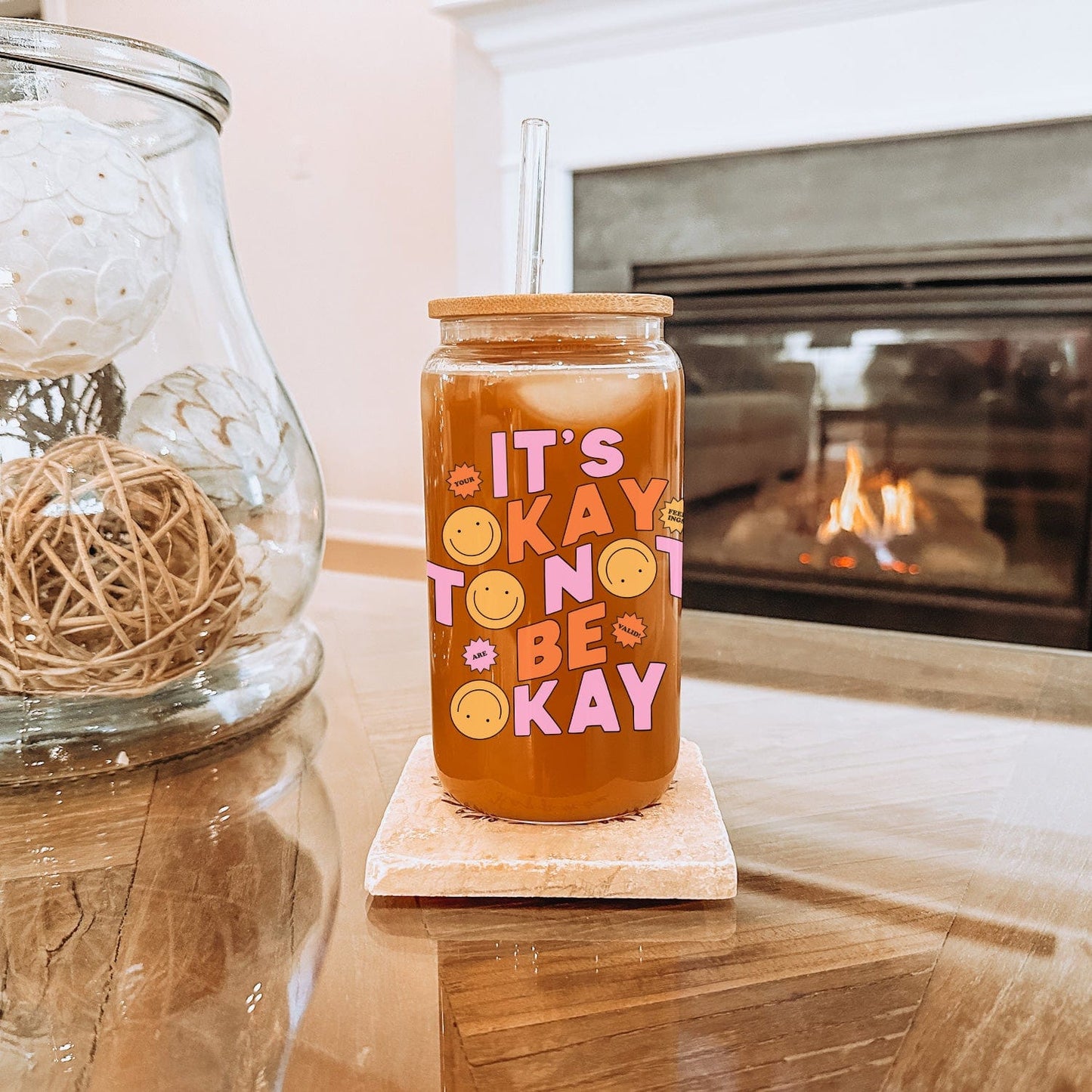 Creasowl Drinkware It's Okay to not be Okay Glazen Drinkbeker met Glazen Rietje en Deksel