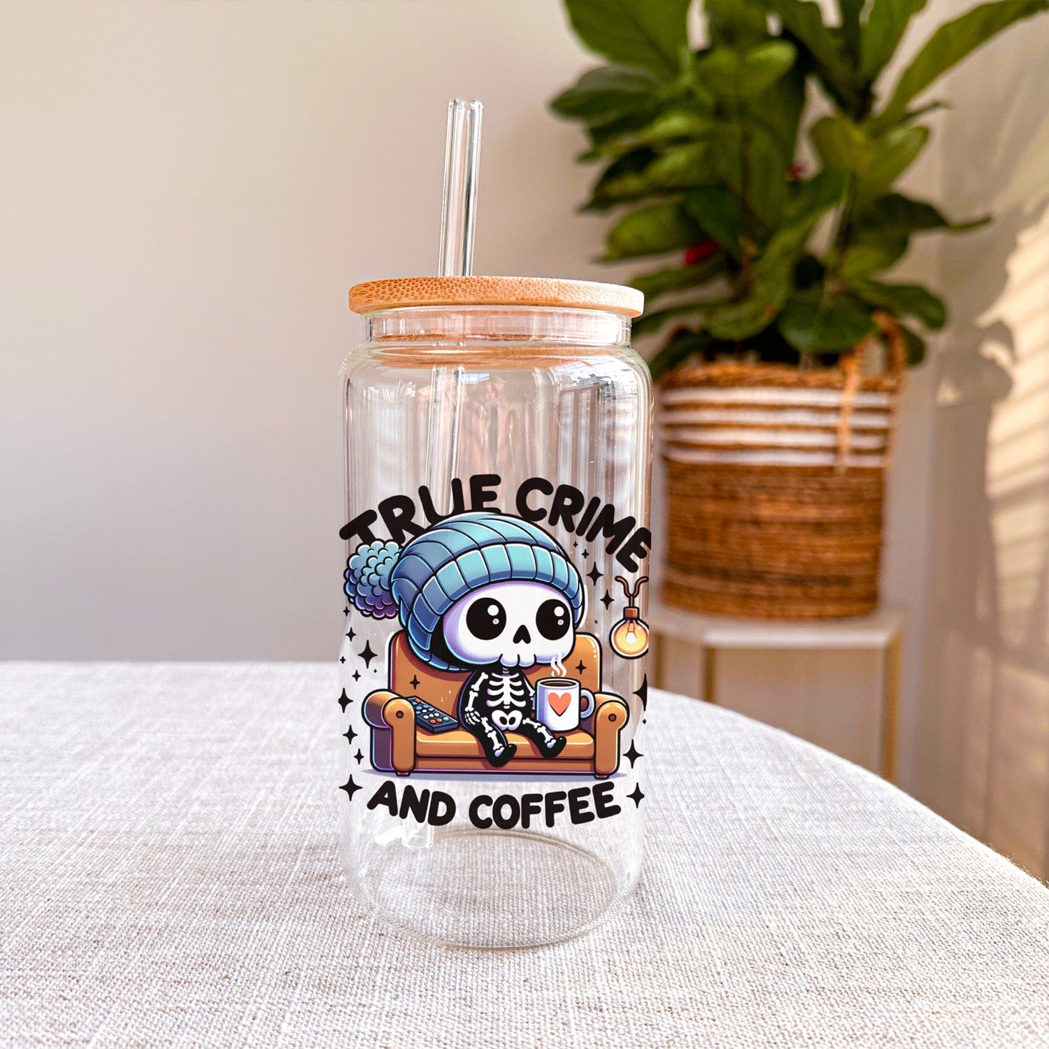 Creasowl Drinkware True Crime Glazen Drinkbeker met Glazen Rietje en Deksel - Bubble Tea