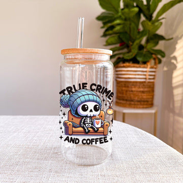 Creasowl Drinkware True Crime Glazen Drinkbeker met Glazen Rietje en Deksel - Bubble Tea