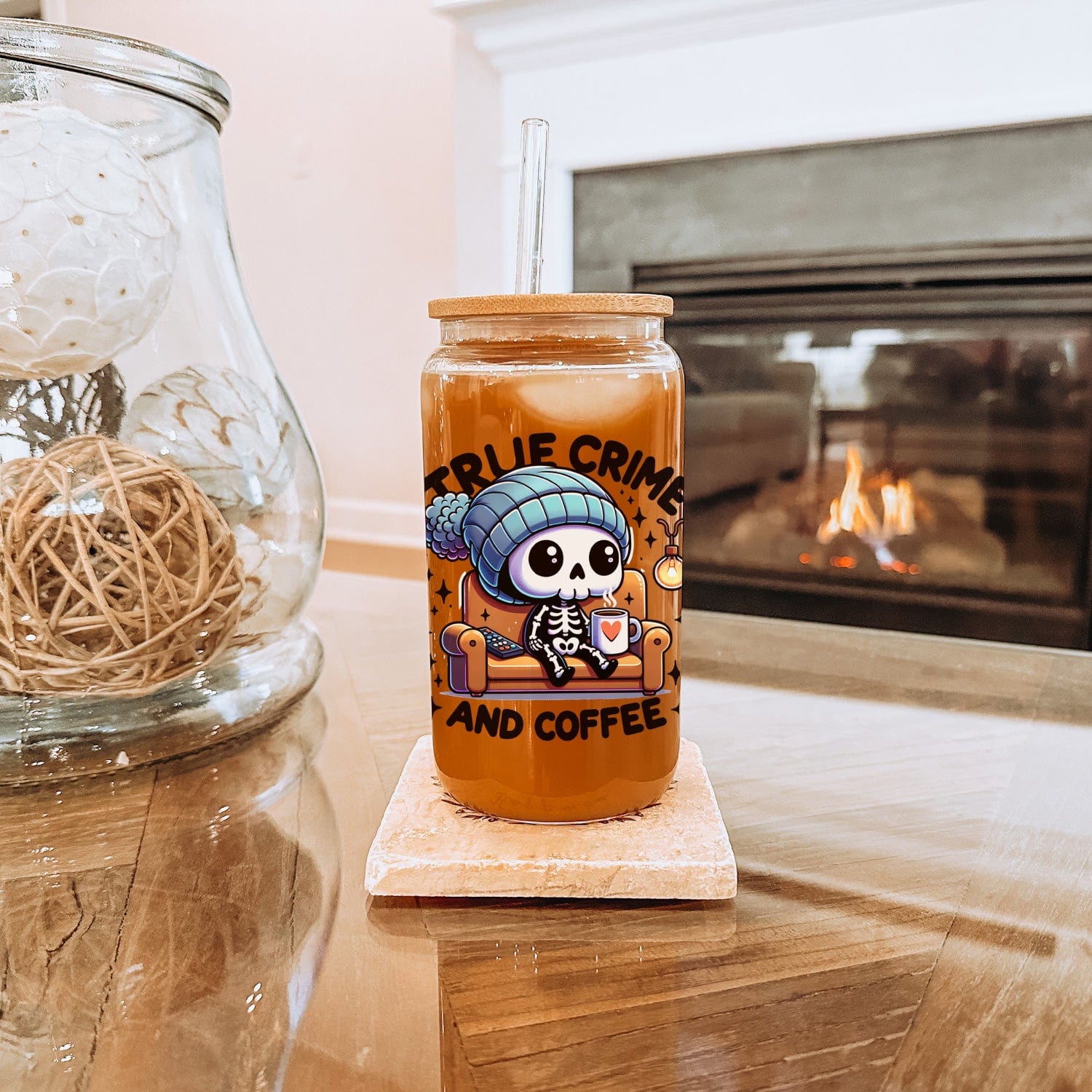 Creasowl Drinkware True Crime Glazen Drinkbeker met Glazen Rietje en Deksel - Bubble Tea