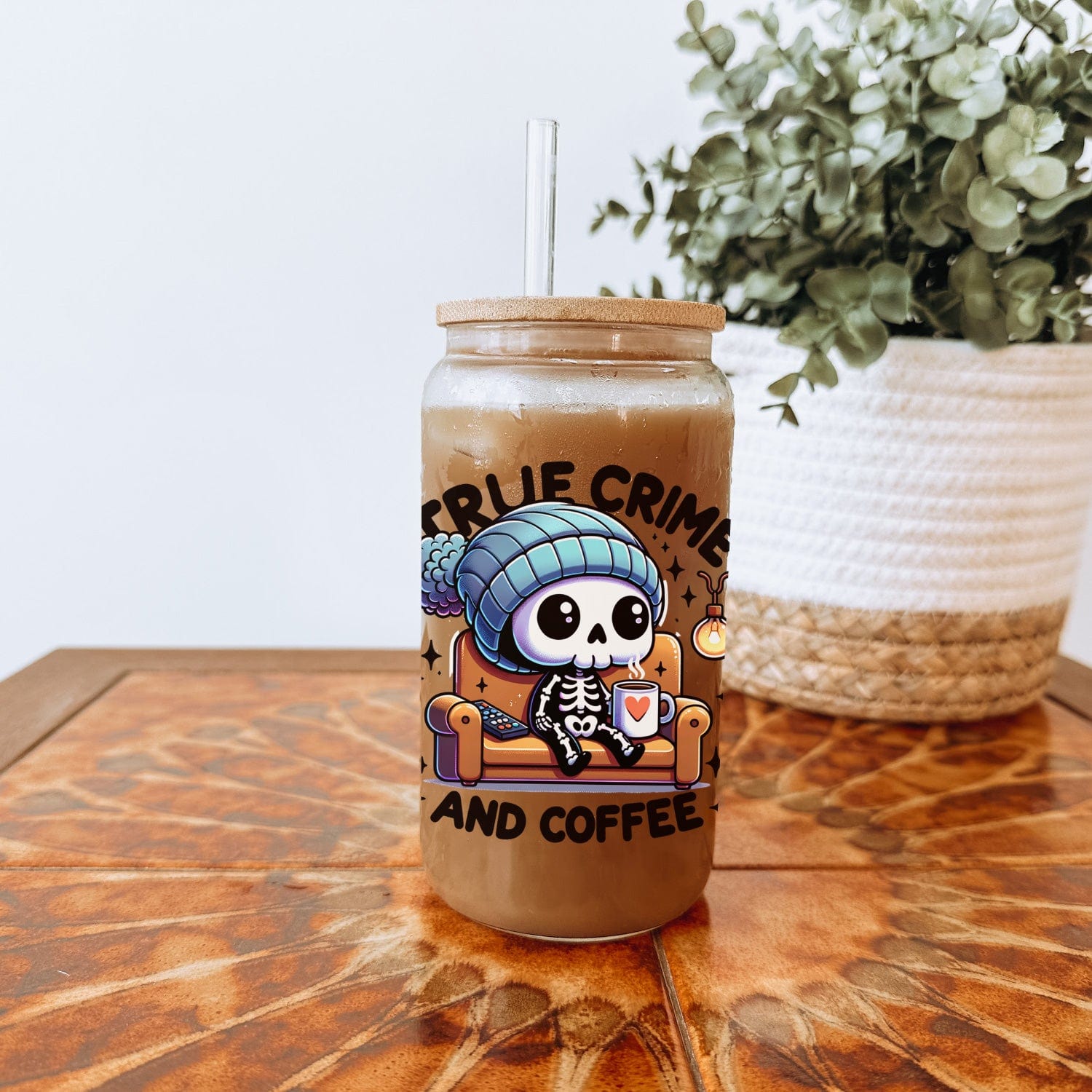 Creasowl Drinkware True Crime Glazen Drinkbeker met Glazen Rietje en Deksel - Bubble Tea