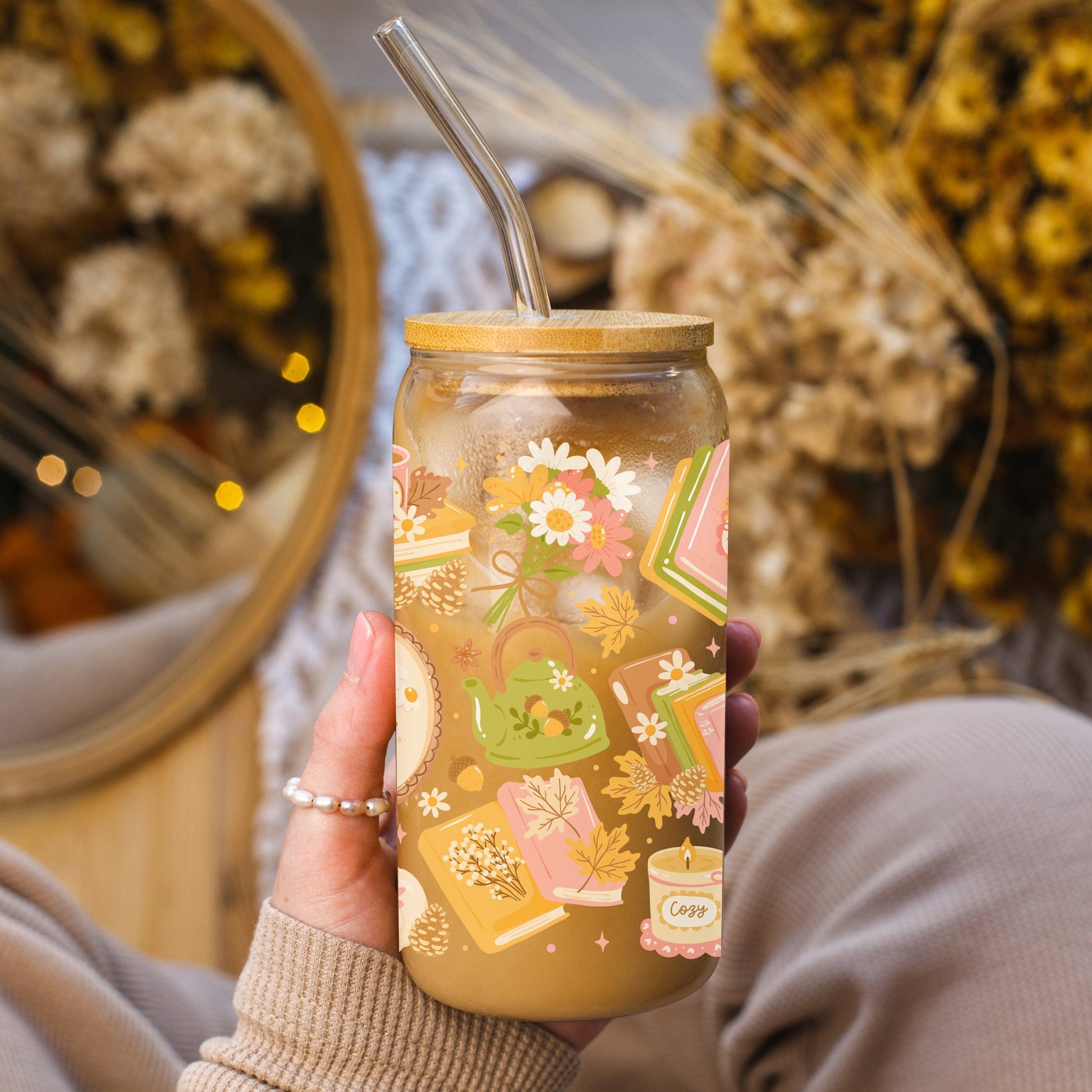 Creasowl Fall Bookish Glazen Beker 500 ml – met deksel & rietje