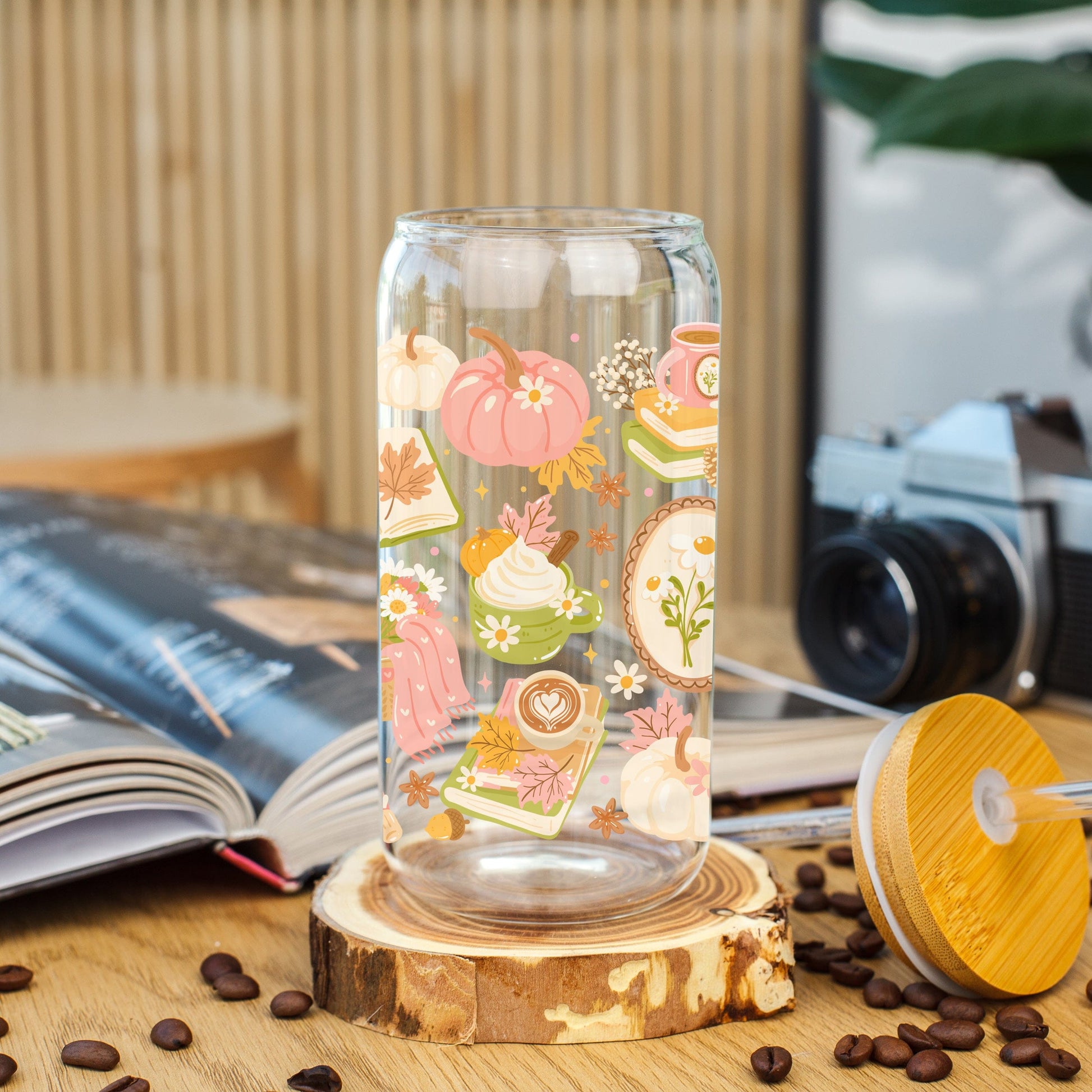 Creasowl Fall Bookish Glazen Beker 500 ml – met deksel & rietje