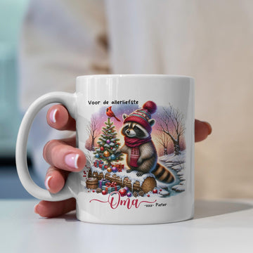 Creasowl Gepersonaliseerde Kerstmok Wasbeer 330ml - Keramische Mok met Eigen Tekst & Naam