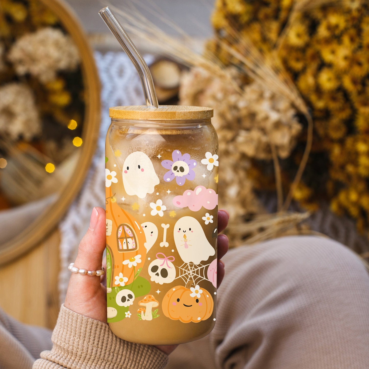 Creasowl Ghost Pumpkin Cottage Glazen Beker 500 ml met Deksel & Glazen Rietje