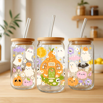 Creasowl Ghost Pumpkin Cottage Glazen Beker 500 ml met Deksel & Glazen Rietje
