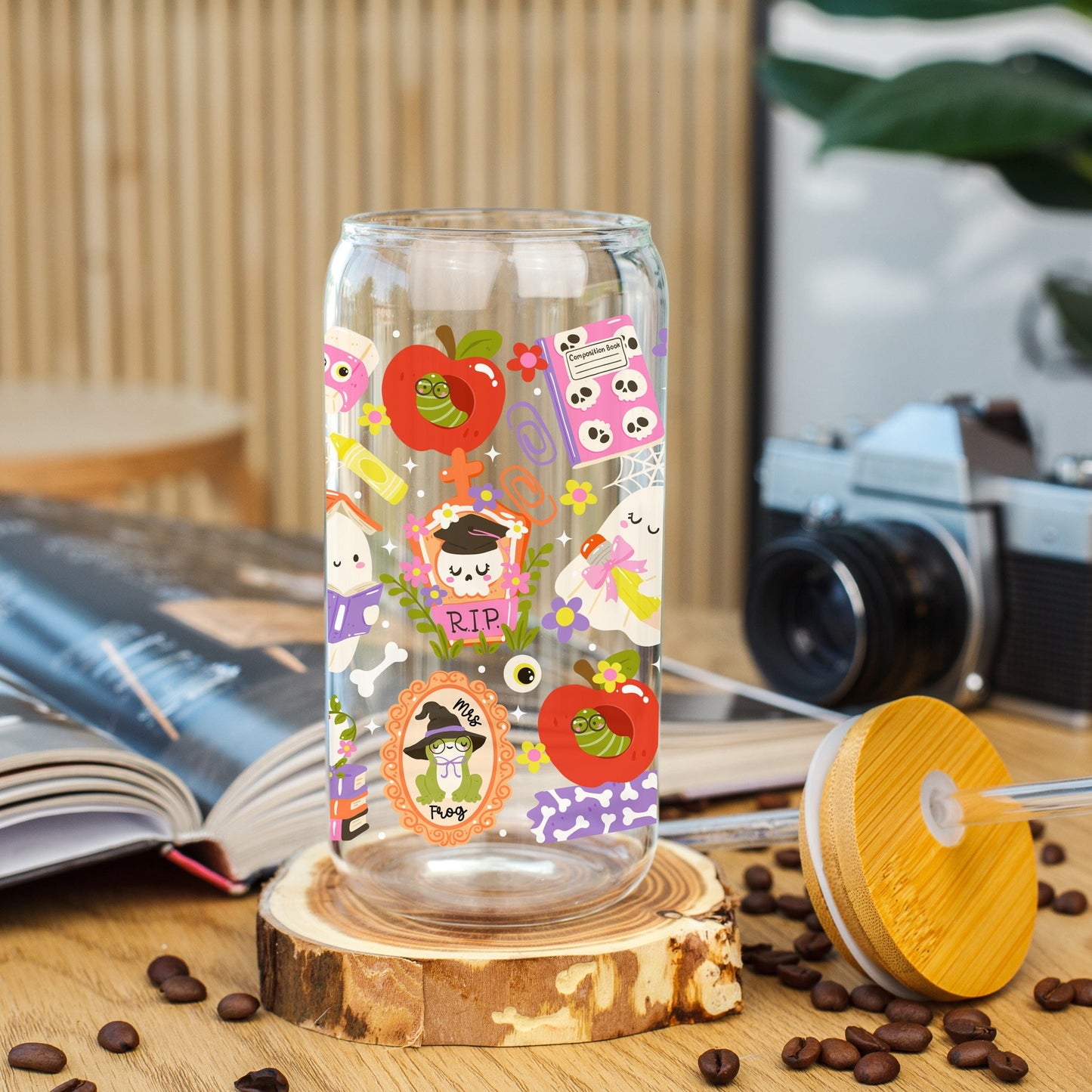 Creasowl Halloween Back to School Glazen Beker 500 ml met Deksel & Rietje
