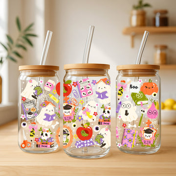 Creasowl Halloween Back to School Glazen Beker 500 ml met Deksel & Rietje