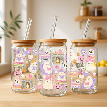Creasowl Halloween Bookish Ghost Glazen Beker 500ml – Spooky Aesthetic Glas met Deksel & Rietje