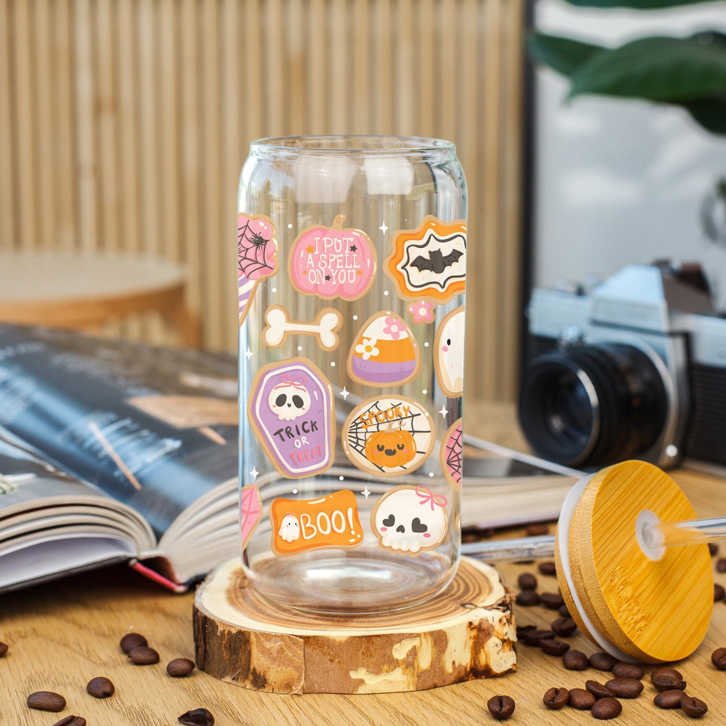 Creasowl Halloween Sugar Cookies Glazen Beker 500 ml met Deksel & Glazen Rietje