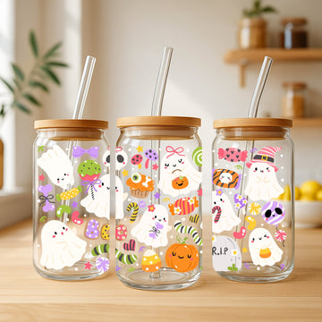Creasowl Halloween Trick or Treat Glazen Beker 500 ml met Deksel & Glazen Rietje