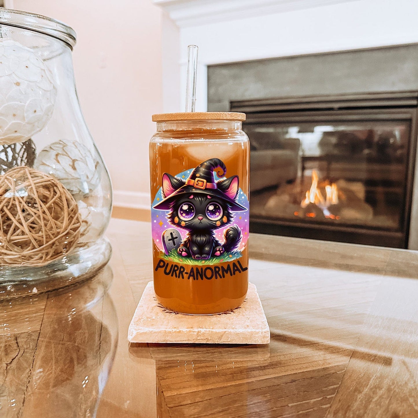 Creasowl Kat Purr-anormal Glazen Drinkbeker met Glazen Rietje en Deksel