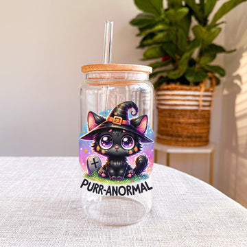 Creasowl Kat Purr-anormal Glazen Drinkbeker met Glazen Rietje en Deksel