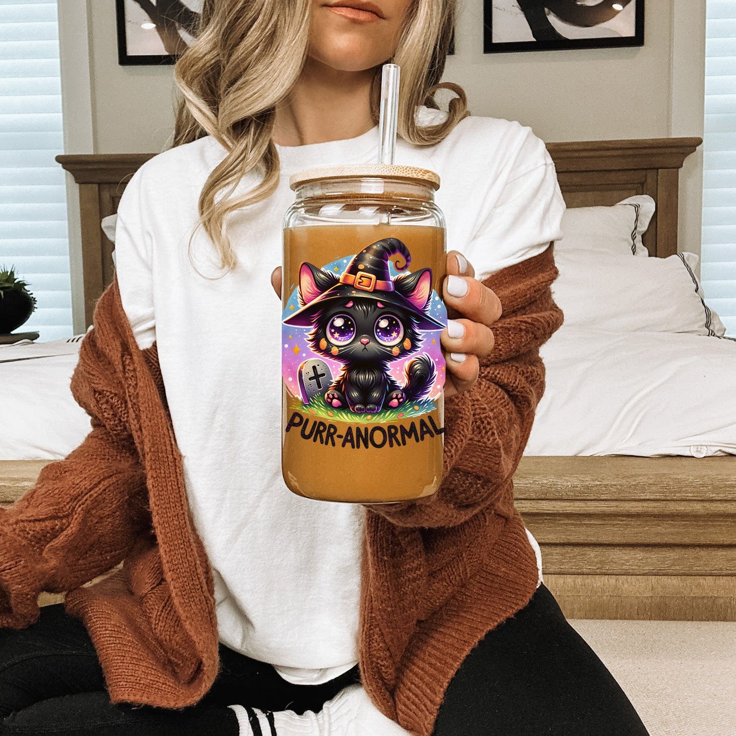Creasowl Kat Purr-anormal Glazen Drinkbeker met Glazen Rietje en Deksel