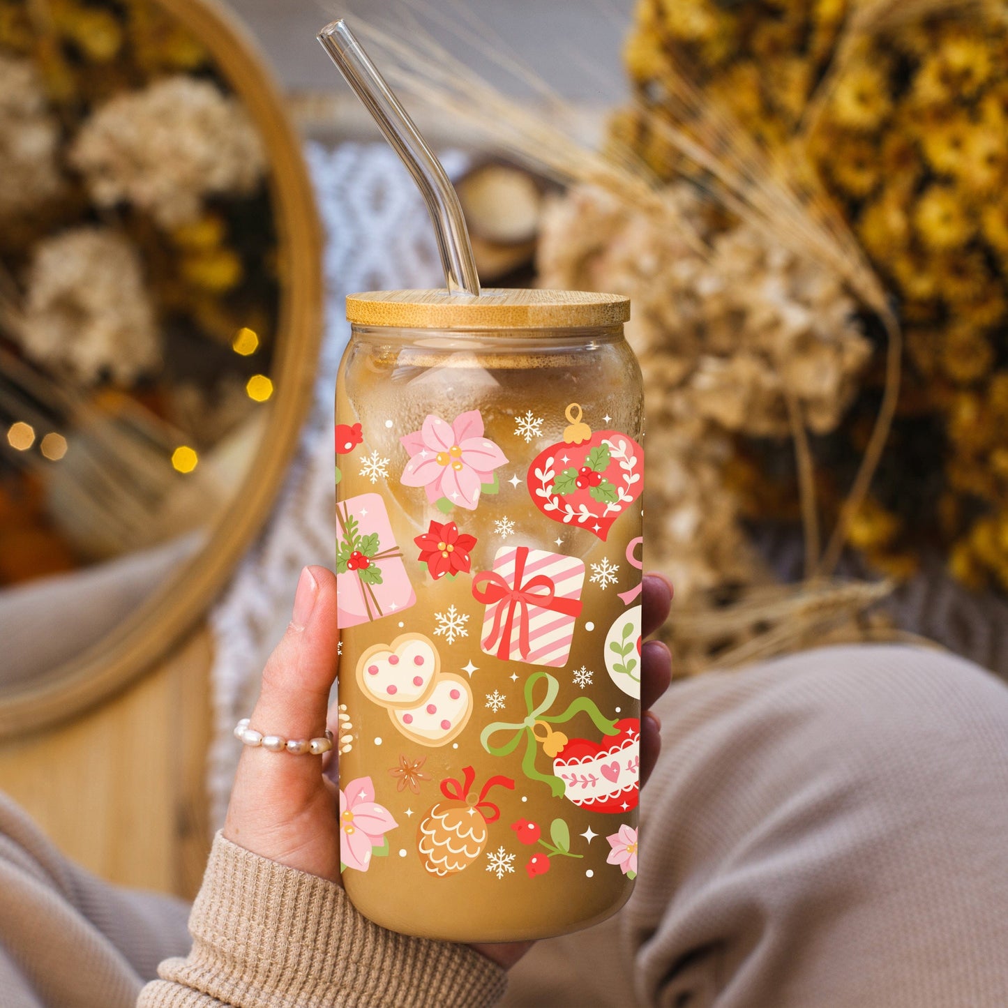 Creasowl Kerst Ornamenten Glazen Koffiebeker met Deksel en Glazen Rietje – 500ml