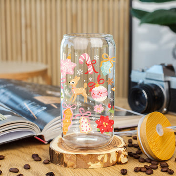 Creasowl Kerst Ornamenten Glazen Koffiebeker met Deksel en Glazen Rietje – 500ml