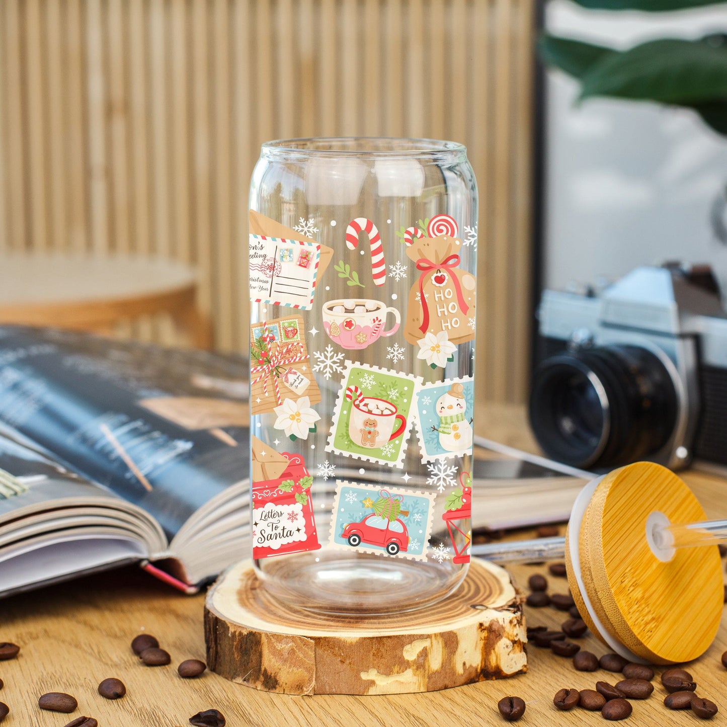 Creasowl Letter From Santa Glazen Koffiebeker met Deksel en Glazen Rietje – 500ml