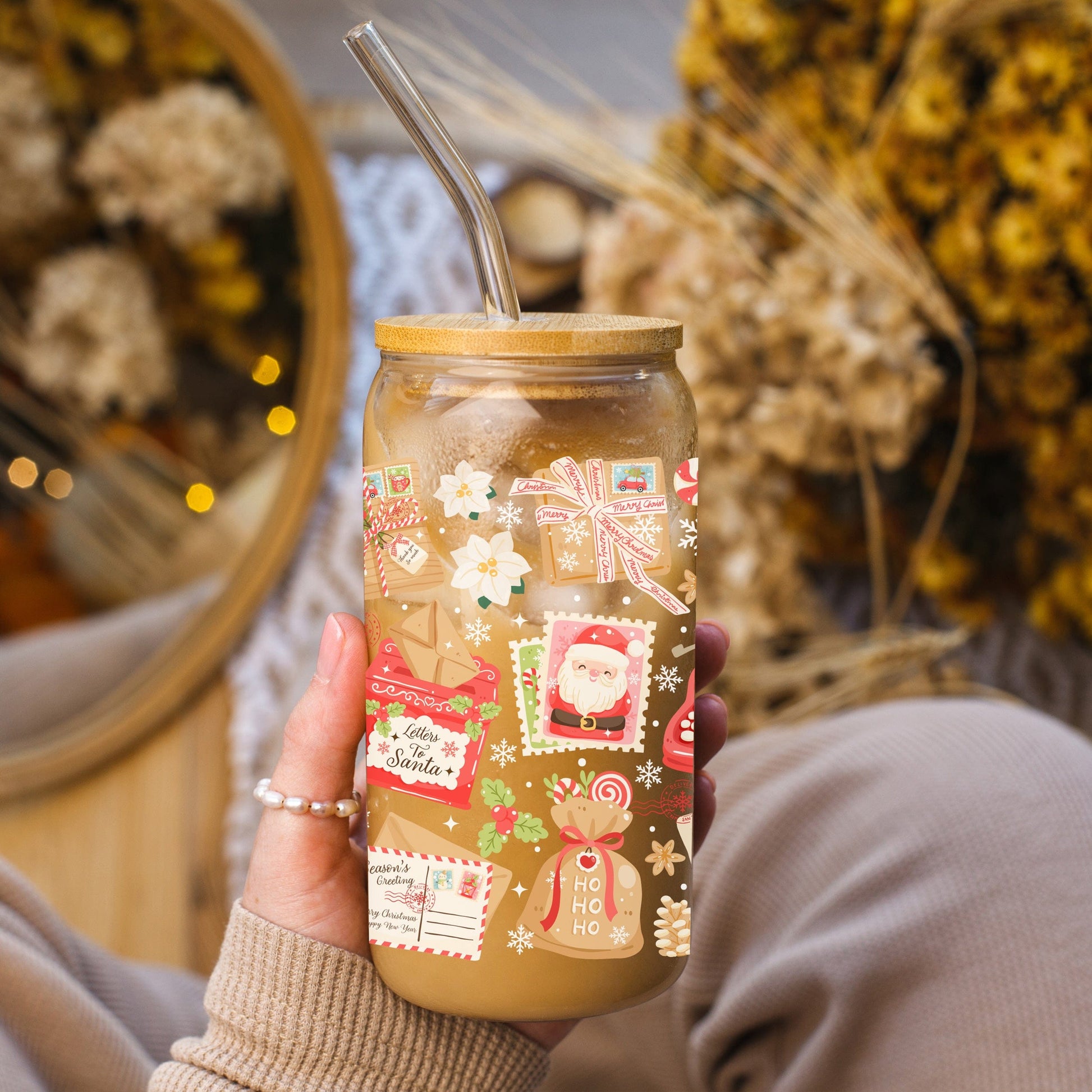 Creasowl Letter From Santa Glazen Koffiebeker met Deksel en Glazen Rietje – 500ml