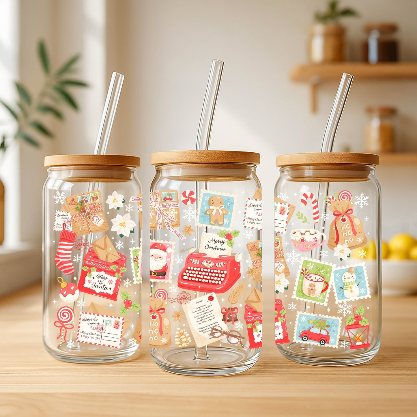 Creasowl Letter From Santa Glazen Koffiebeker met Deksel en Glazen Rietje – 500ml