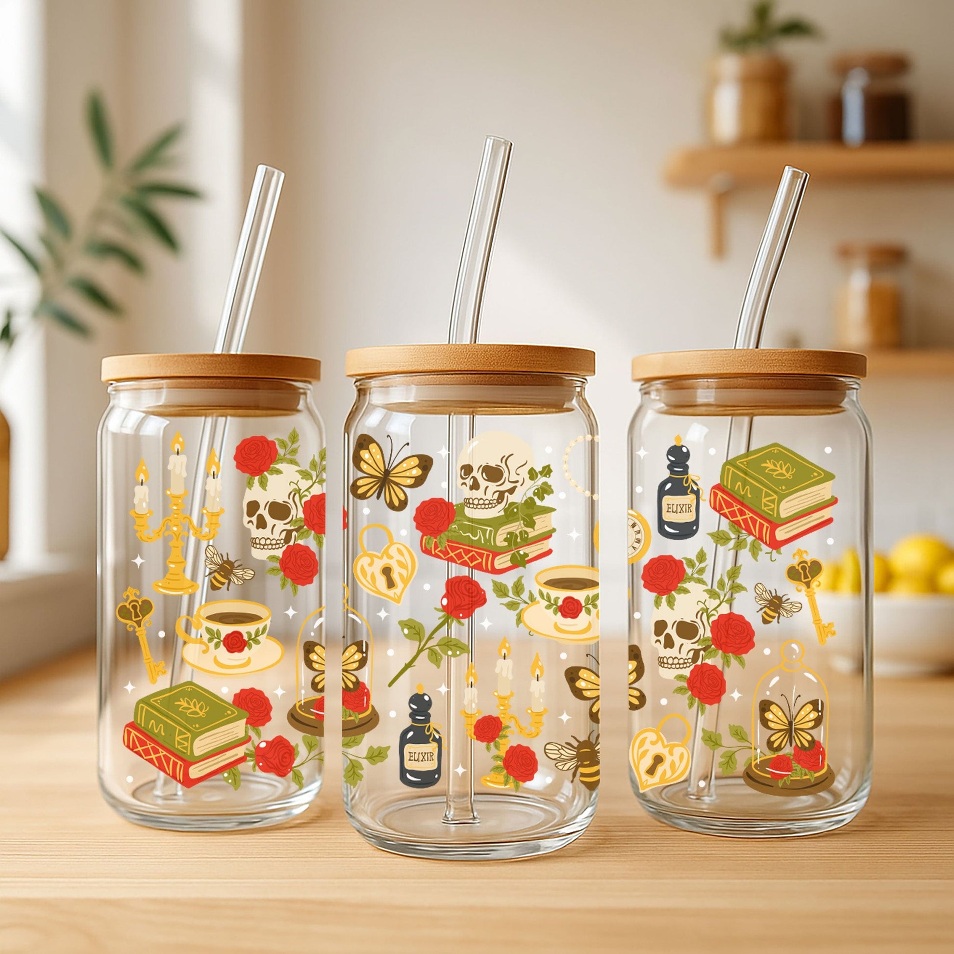 Creasowl Libbey Glazen Drinkbeker 500ml – Mason Jar met Dark Academia Patroon