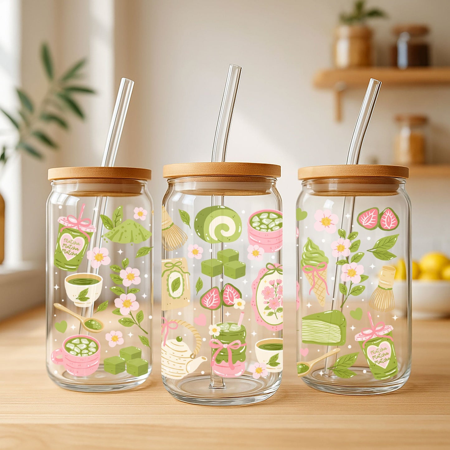 Creasowl Libbey Glazen Drinkbeker 500ml – Mason Jar met Matcha Patroon