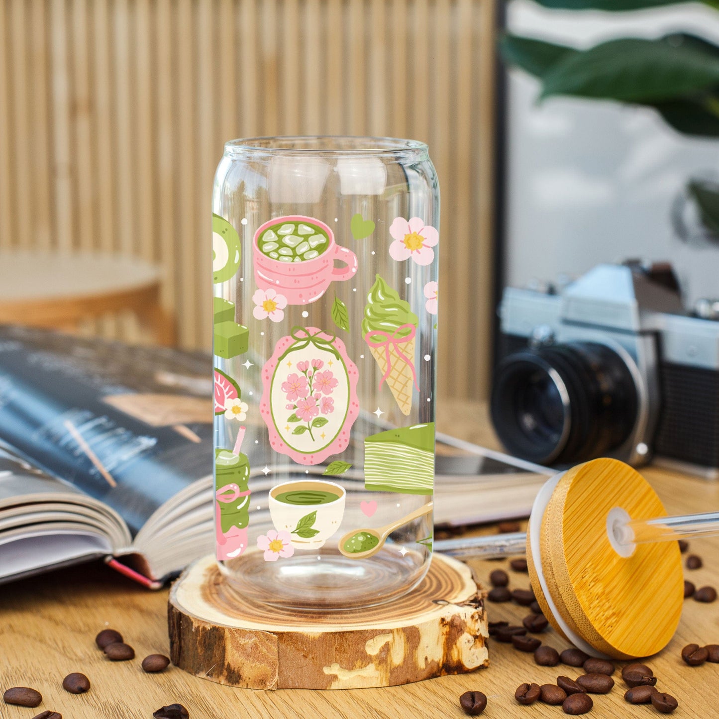 Creasowl Libbey Glazen Drinkbeker 500ml – Mason Jar met Matcha Patroon