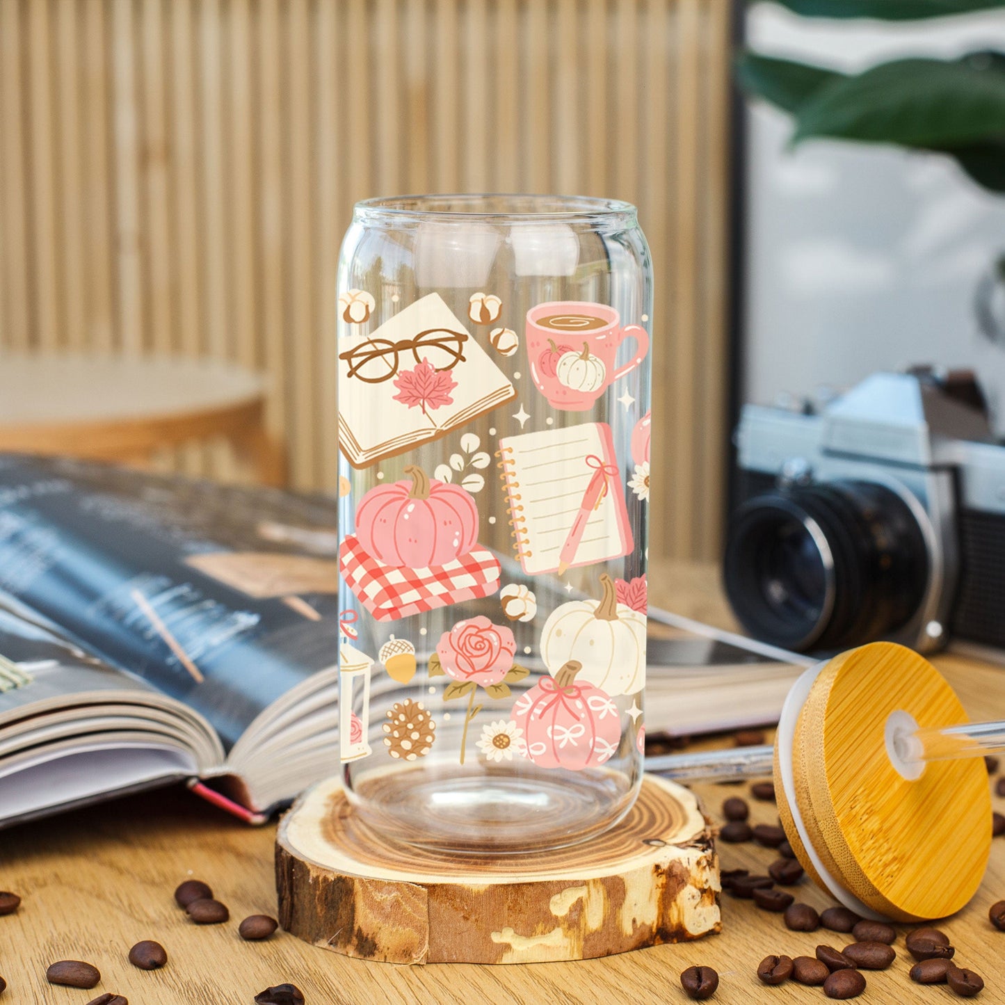 Creasowl Libbey Glazen Drinkbeker 500ml – Mason Jar met Roze Herfstbladeren