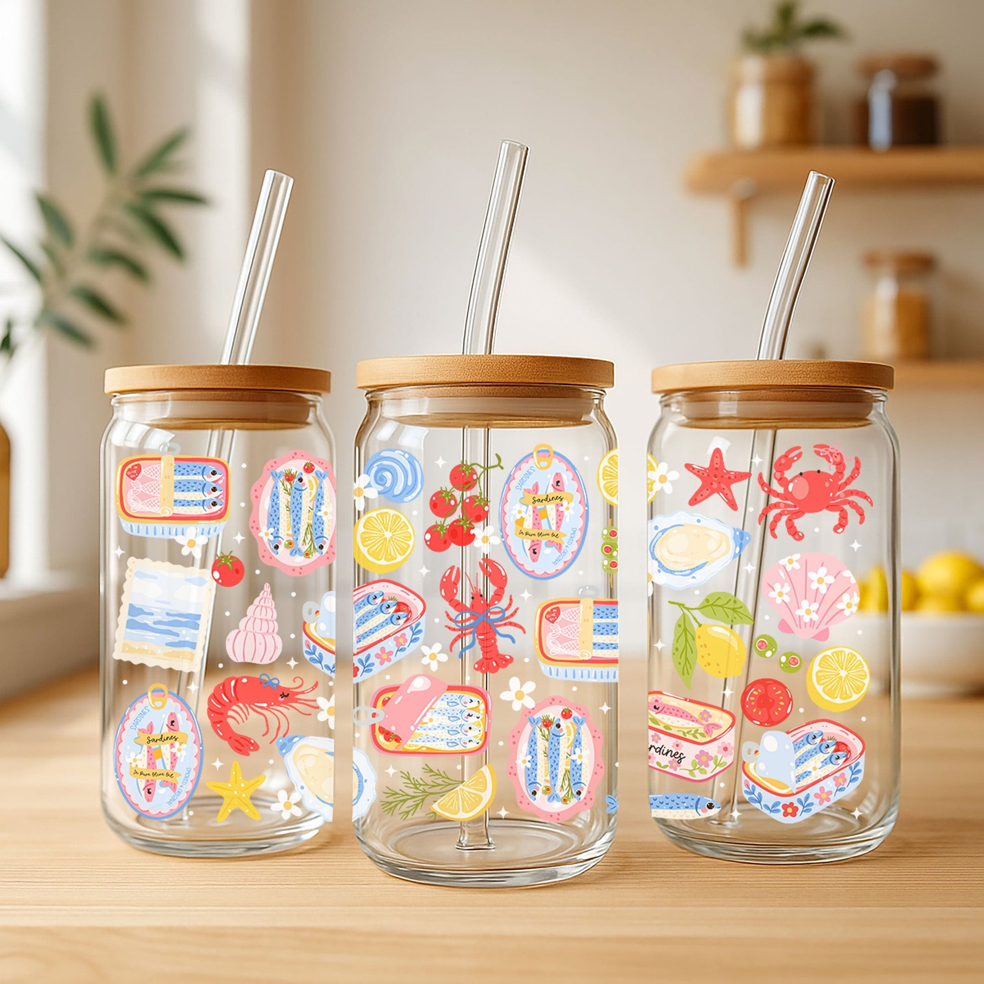 Creasowl Libbey Glazen Drinkbeker 500ml – Mason Jar met Sardientjes Patroon