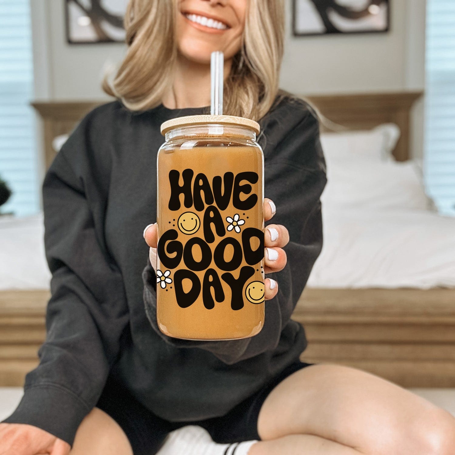 Creasowl Libbey Glazen Drinkbeker 500ml met Deksel en Glazen Rietje