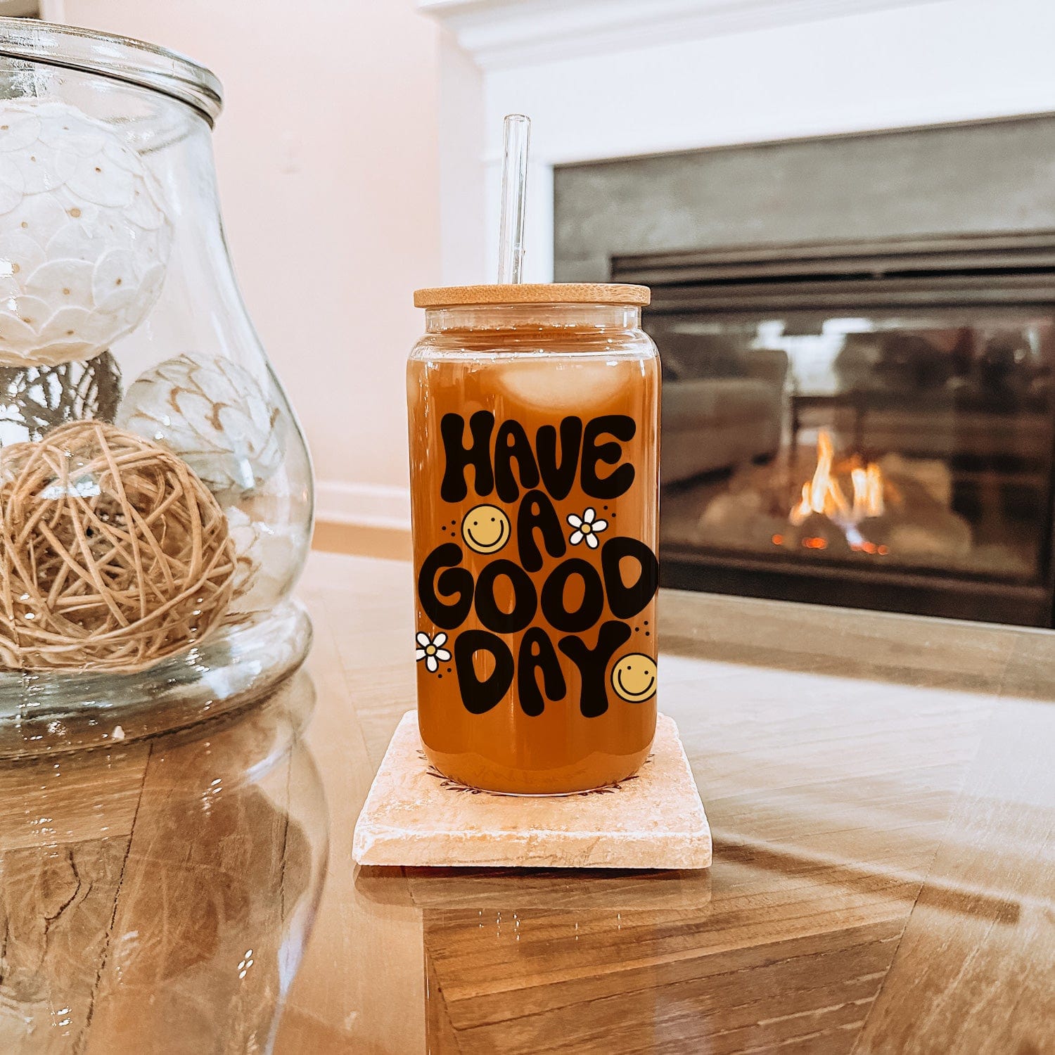 Creasowl Libbey Glazen Drinkbeker 500ml met Deksel en Glazen Rietje