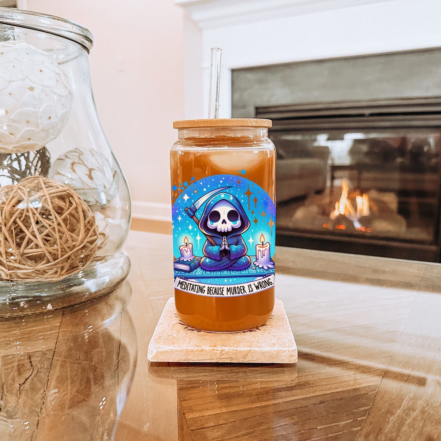Creasowl Meditating Glazen Drinkbeker met Glazen Rietje en Deksel