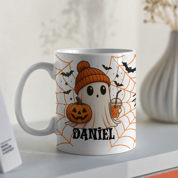 Creasowl Oranje Gepersonaliseerde Halloween Mok – Schattig Spookje met Naam - Halloween Cadeau