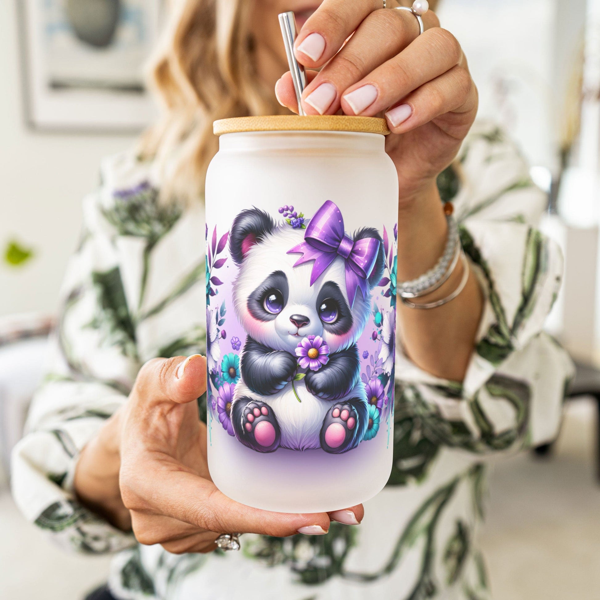 Creasowl Panda Glazen Drinkbeker – 500ml – Met Deksel & Glazen Rietje – Koffiebeker / Smoothiebeker / IJskoffie Glas – Herbruikbare Drinkmok