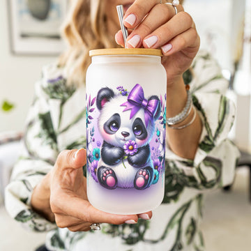 Creasowl Panda Glazen Drinkbeker – 500ml – Met Deksel & Glazen Rietje – Koffiebeker / Smoothiebeker / IJskoffie Glas – Herbruikbare Drinkmok