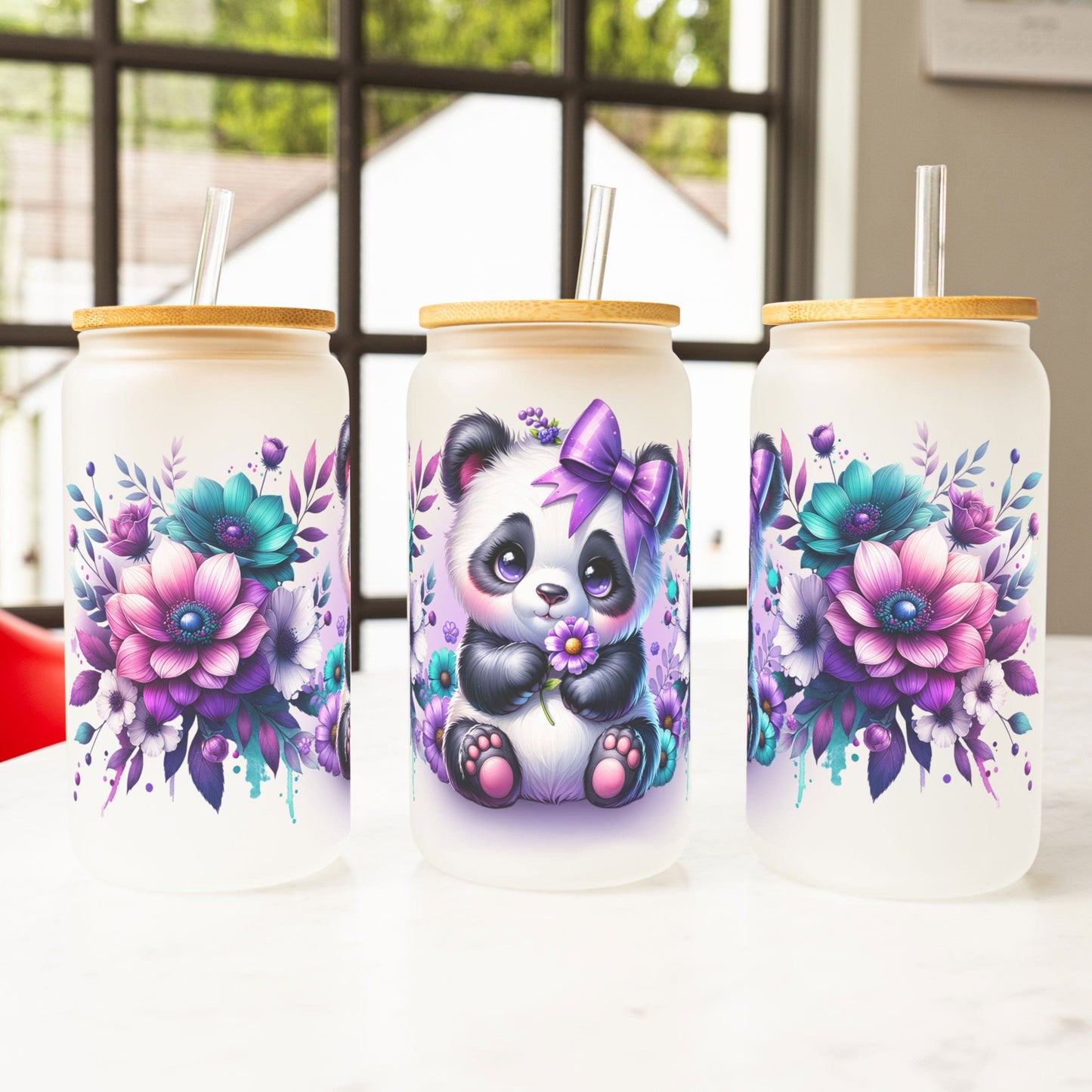 Creasowl Panda Glazen Drinkbeker – 500ml – Met Deksel & Glazen Rietje – Koffiebeker / Smoothiebeker / IJskoffie Glas – Herbruikbare Drinkmok