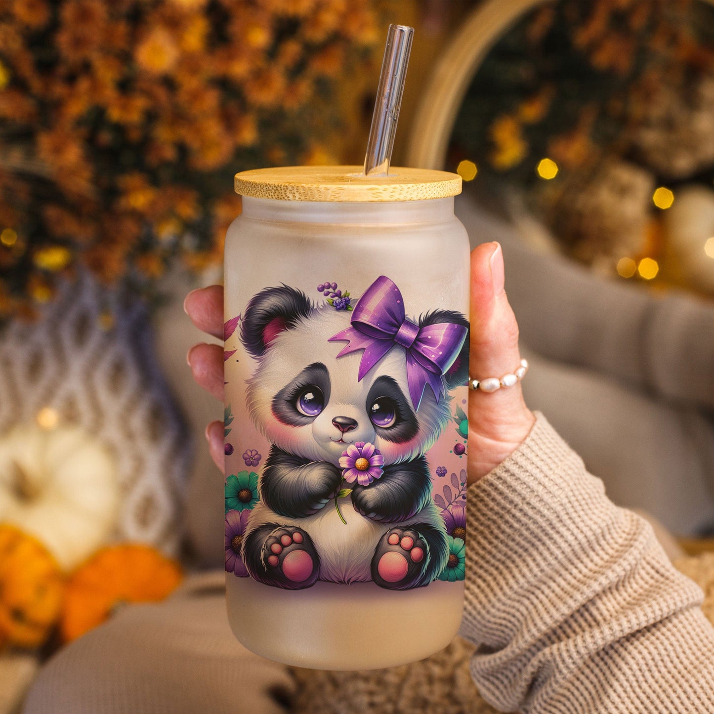 Creasowl Panda Glazen Drinkbeker – 500ml – Met Deksel & Glazen Rietje – Koffiebeker / Smoothiebeker / IJskoffie Glas – Herbruikbare Drinkmok